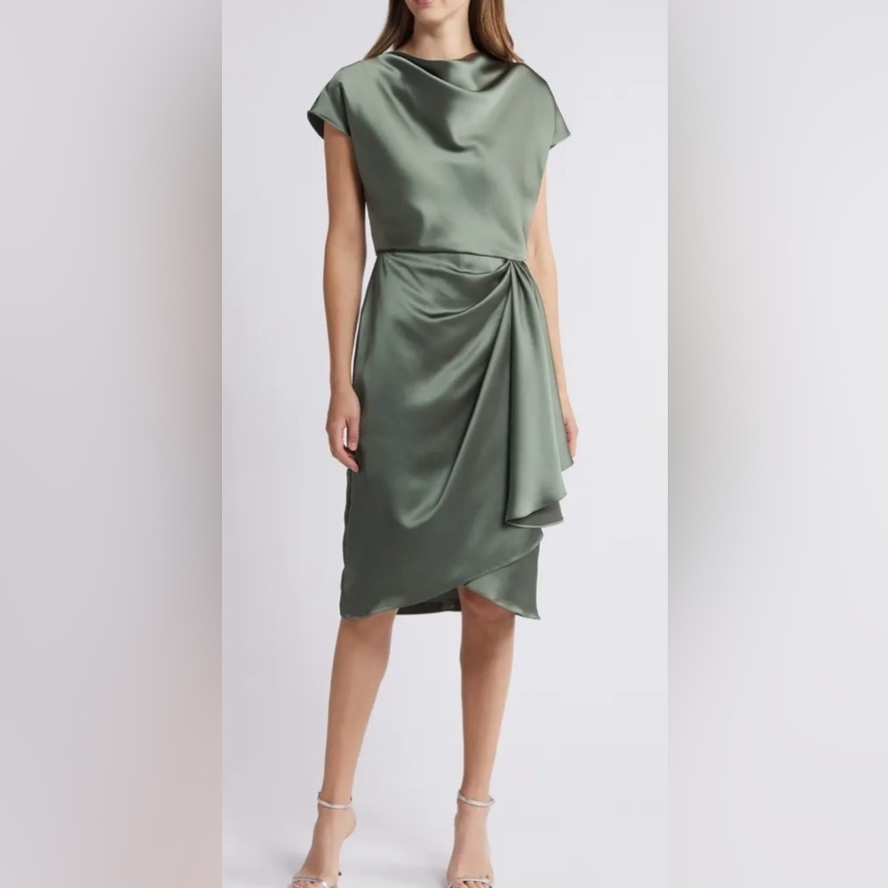 NWOT Amsale Cowl Neck Satin Sheath Dress olive green sz 2